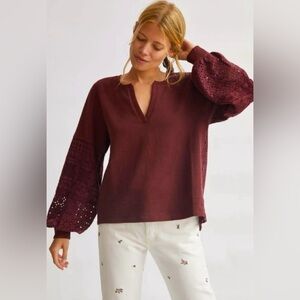 Anthropologie Plum Eyelet Yoke VNeck Pullover Sweatshirt Balloon Sleeve Top